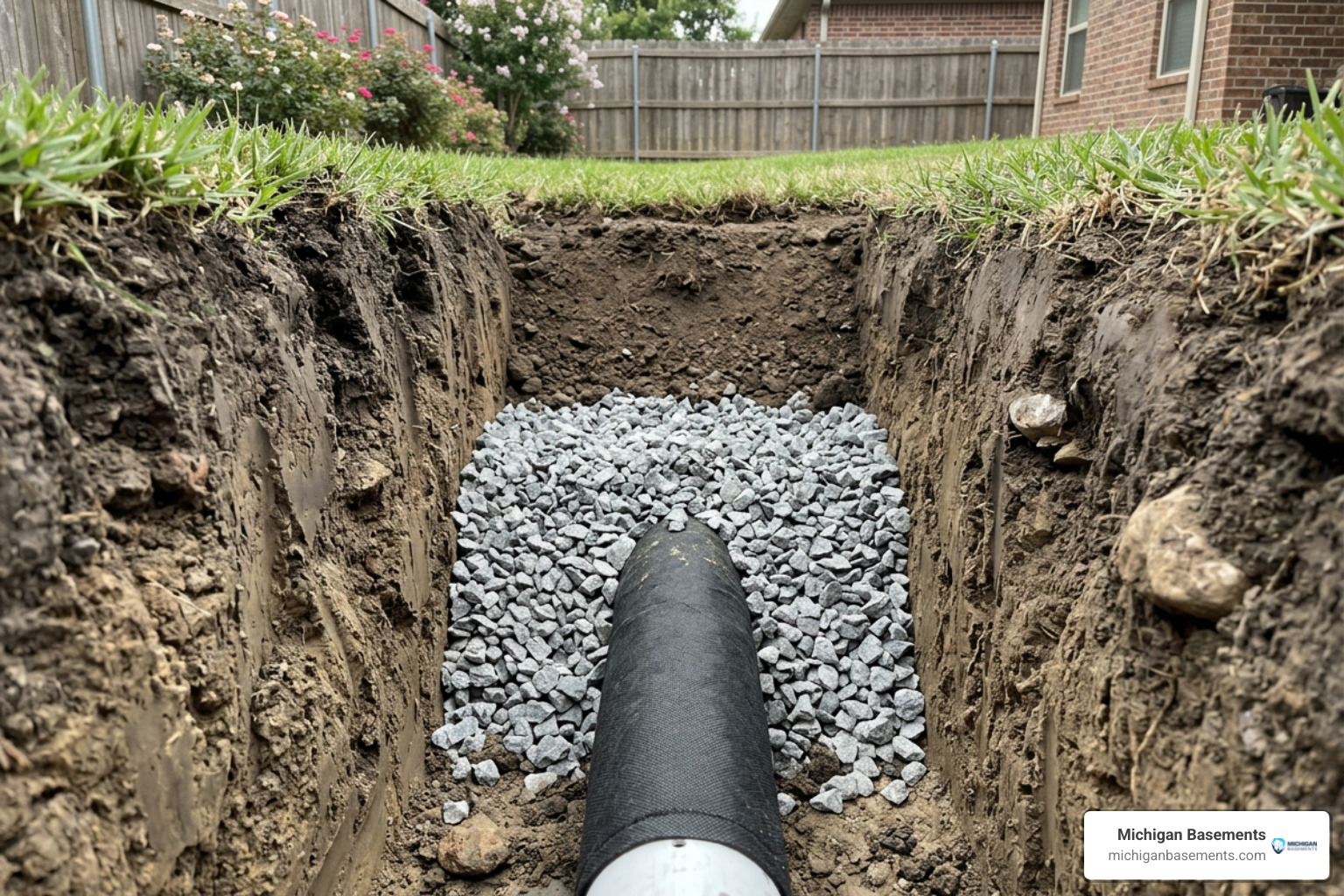 Gravel bedding and filter fabric wrapped perforated pipe Gravel bedding and filter fabric wrapped perforated pipe