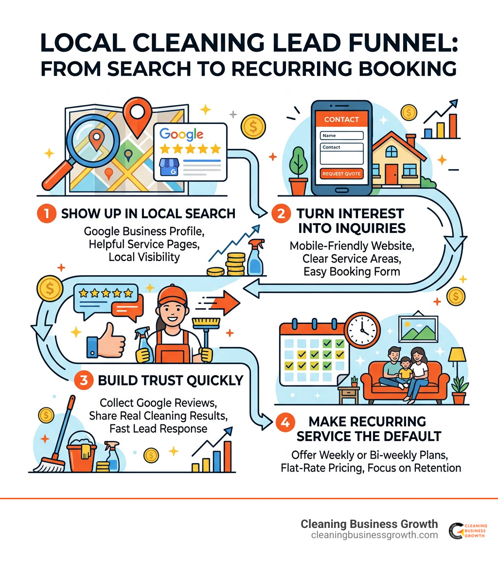 Local cleaning lead funnel from search and reviews to recurring booking infographic Local cleaning lead funnel from search and reviews to recurring booking infographic