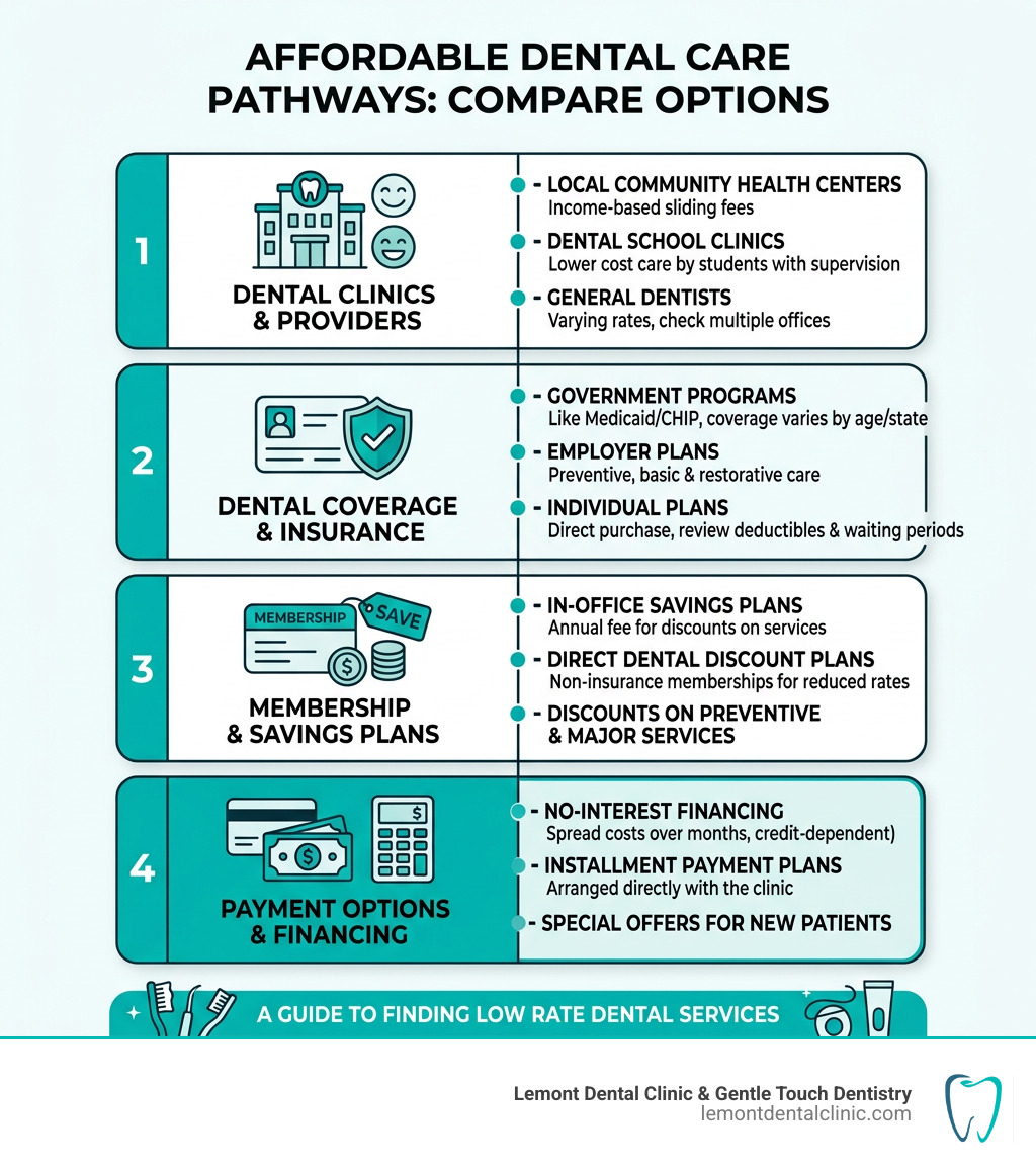 Affordable dental care pathways: compare clinics, coverage, memberships, and payment plans infographic Affordable dental care pathways: compare clinics, coverage, memberships, and payment plans infographic