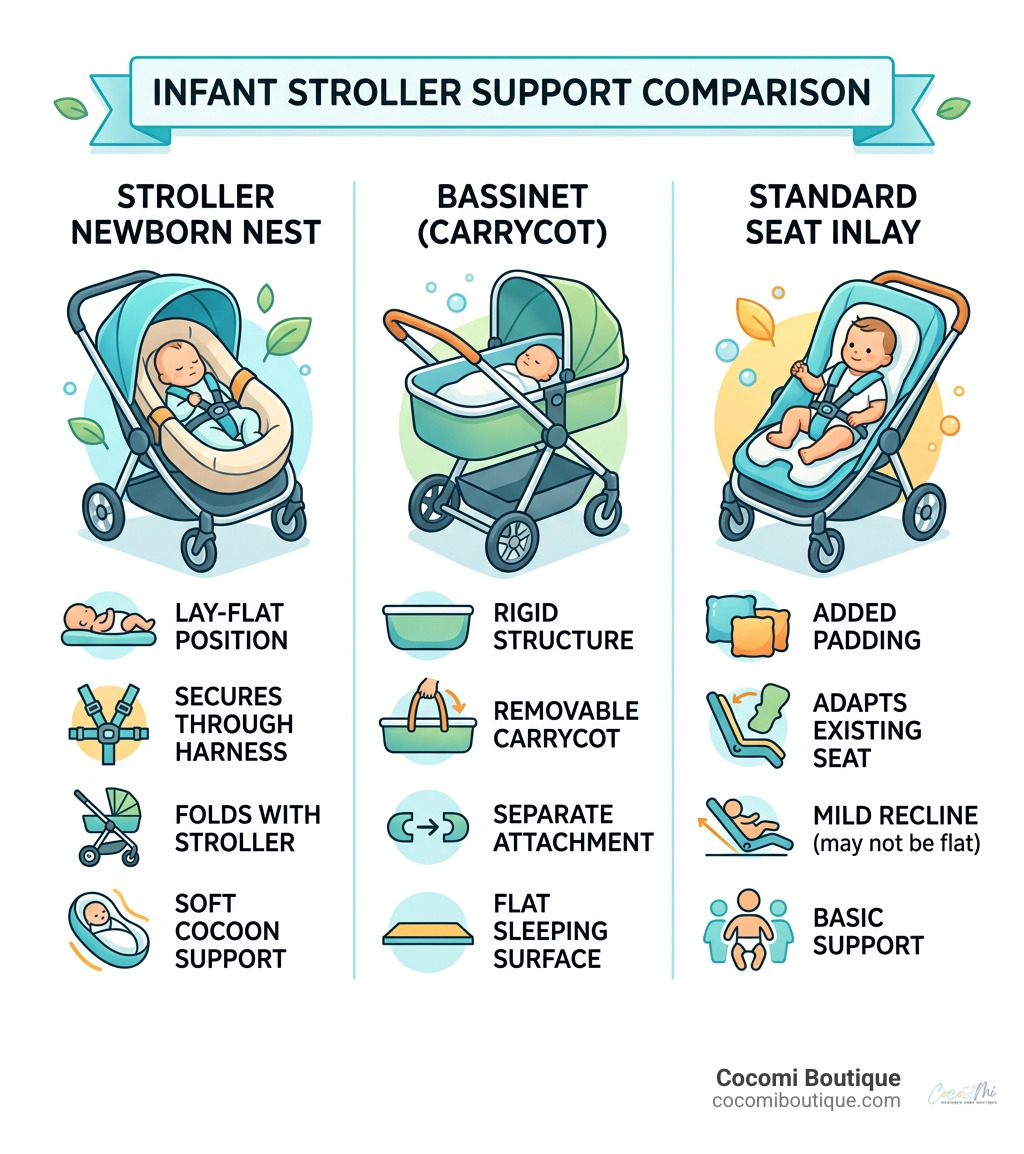 Infographic comparing stroller newborn nests, bassinets, and standard seat inlays infographic Infographic comparing stroller newborn nests, bassinets, and standard seat inlays infographic