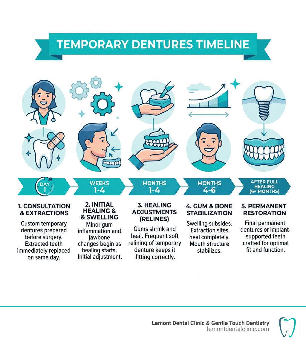 Temporary dentures timeline from same-day extraction through healing adjustments and permanent teeth infographic Temporary dentures timeline from same-day extraction through healing adjustments and permanent teeth infographic