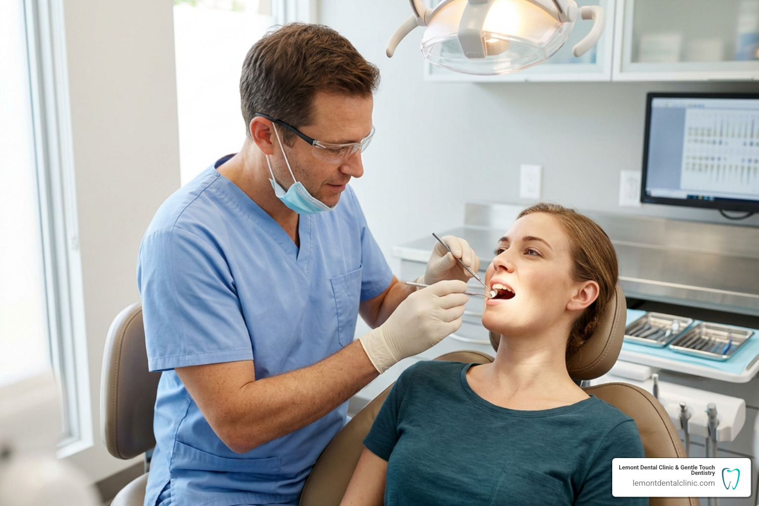 Dentist examining a patient's tooth discoloration during a consultation