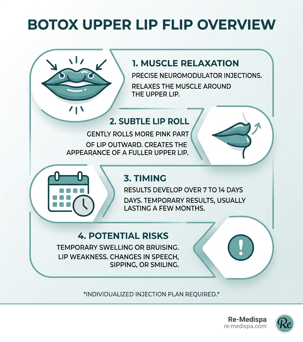 Botox upper lip lip flip overview: muscle relaxation, subtle lip roll, timing and risks infographic