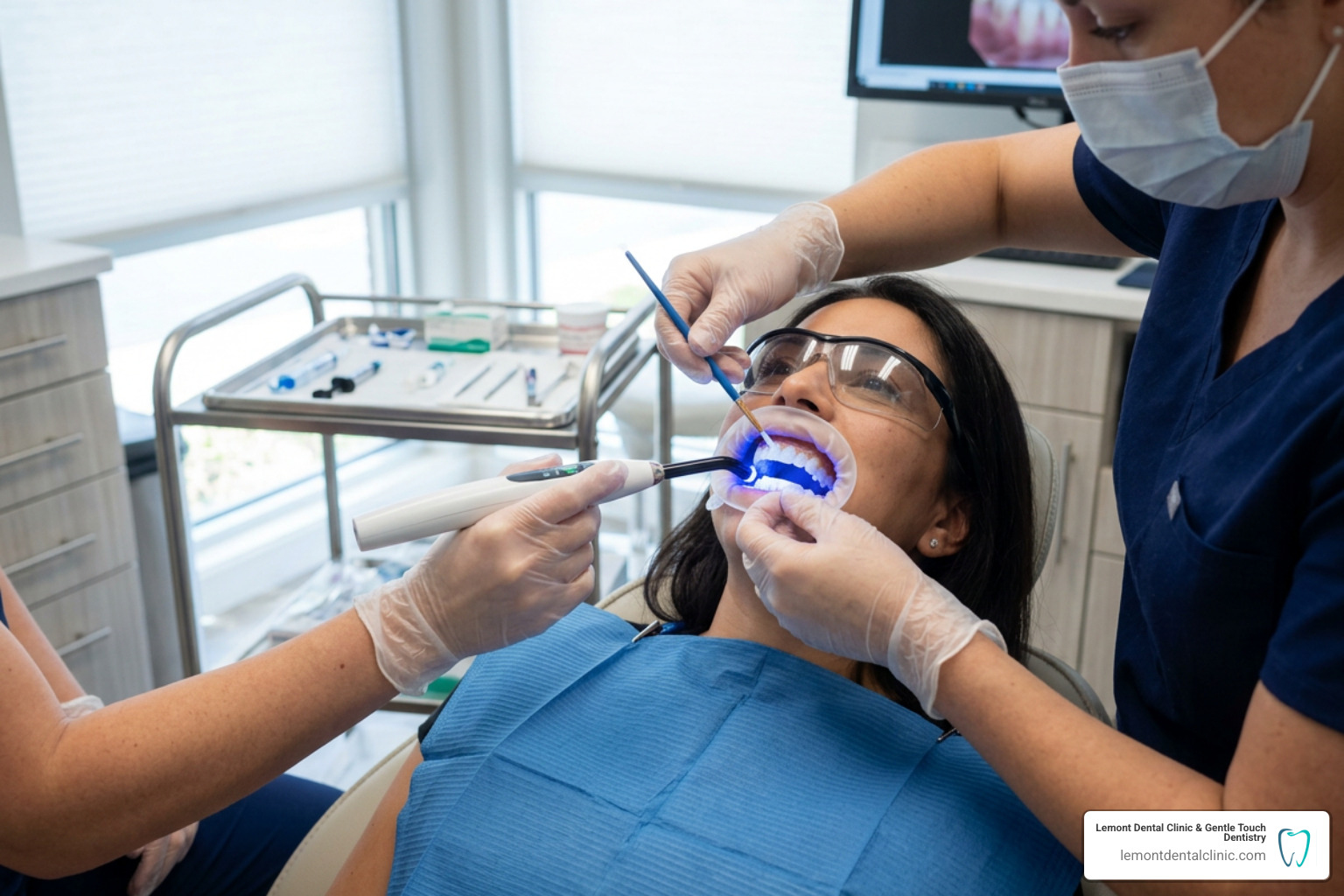 Dentist applying professional teeth whitening gel under a specialized curing light