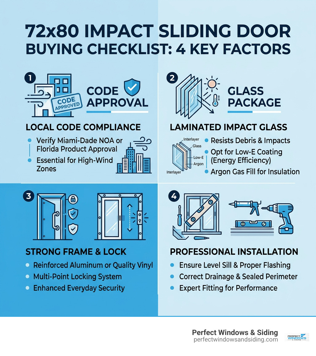72x80 impact sliding door buying checklist: glass, frame, code approval, installation infographic