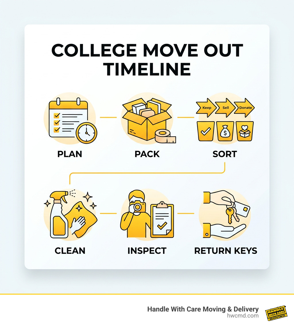 College move out timeline: plan, pack, sort, clean, inspect, return keys infographic