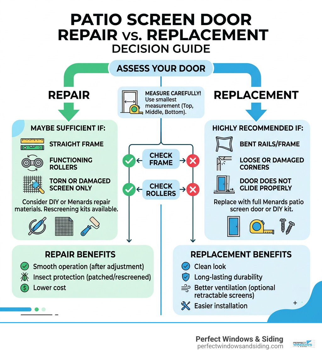 Patio screen door repair versus replacement decision guide infographic