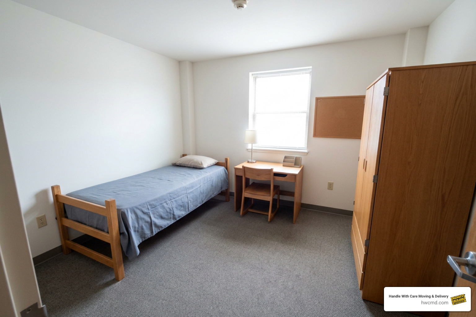 Clean, empty dorm room fully reset for final check-out inspection