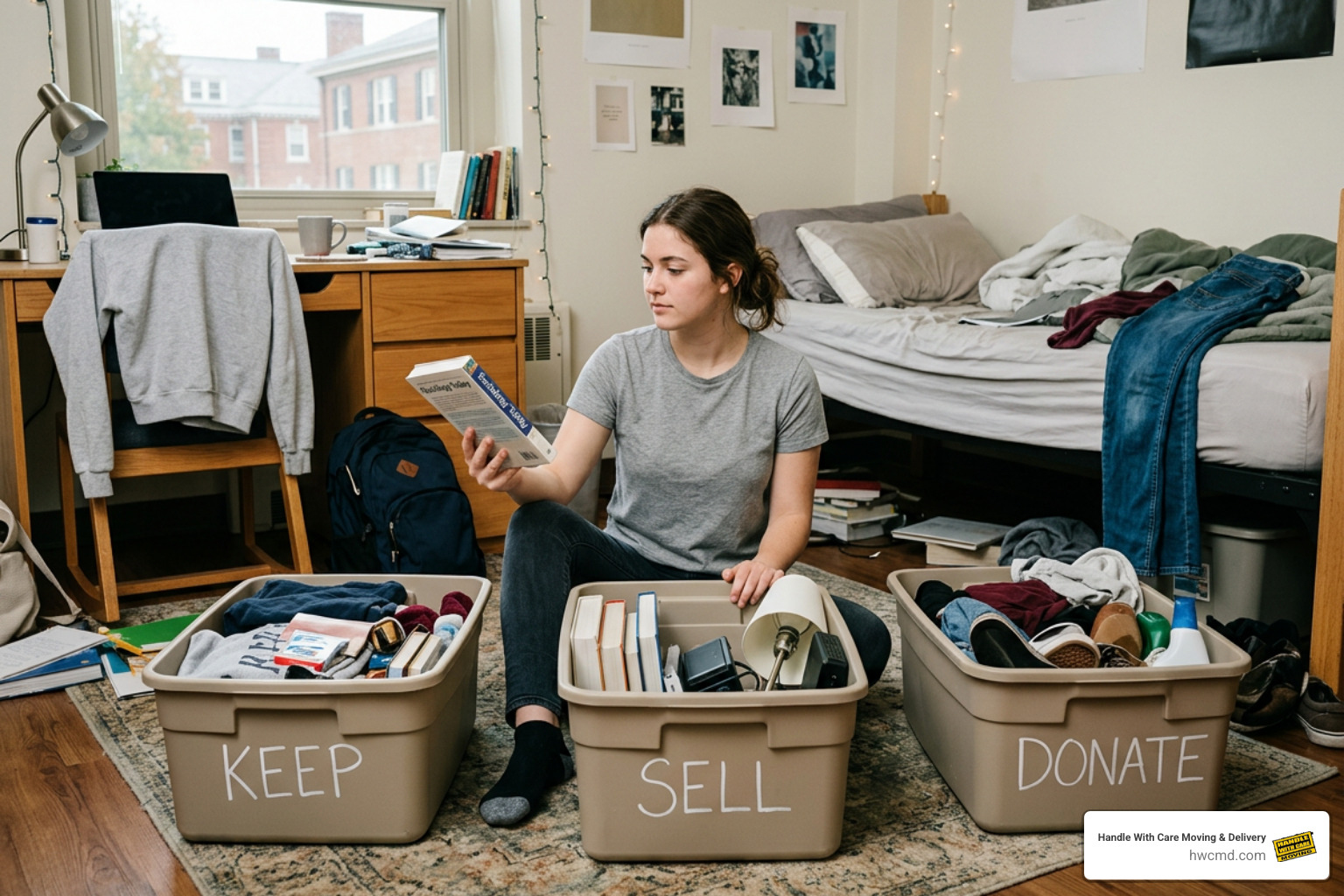 Student sorting dorm items into labeled donation, sell, and keep bins
