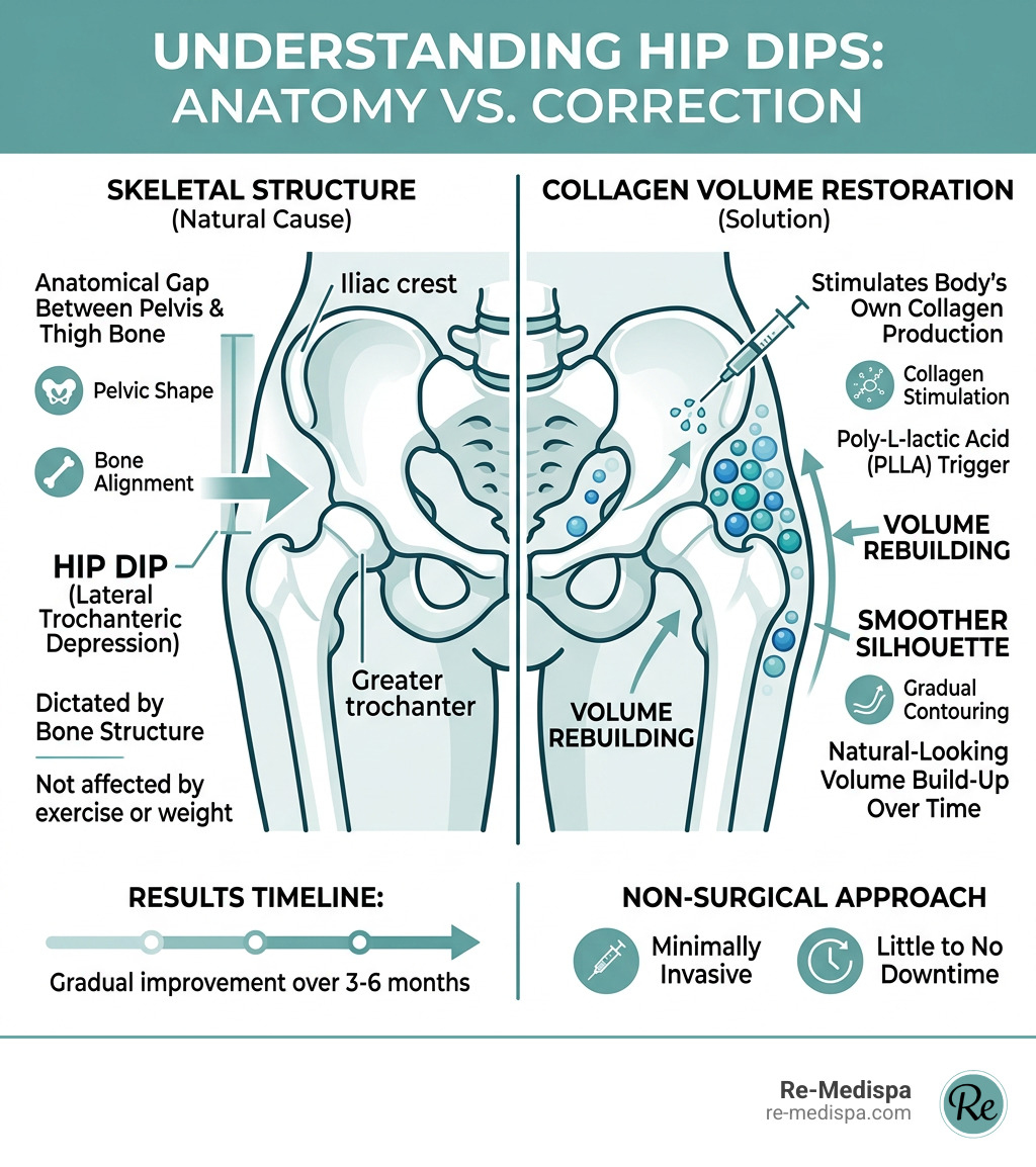 Comparison of skeletal hip dips versus collagen volume restoration infographic