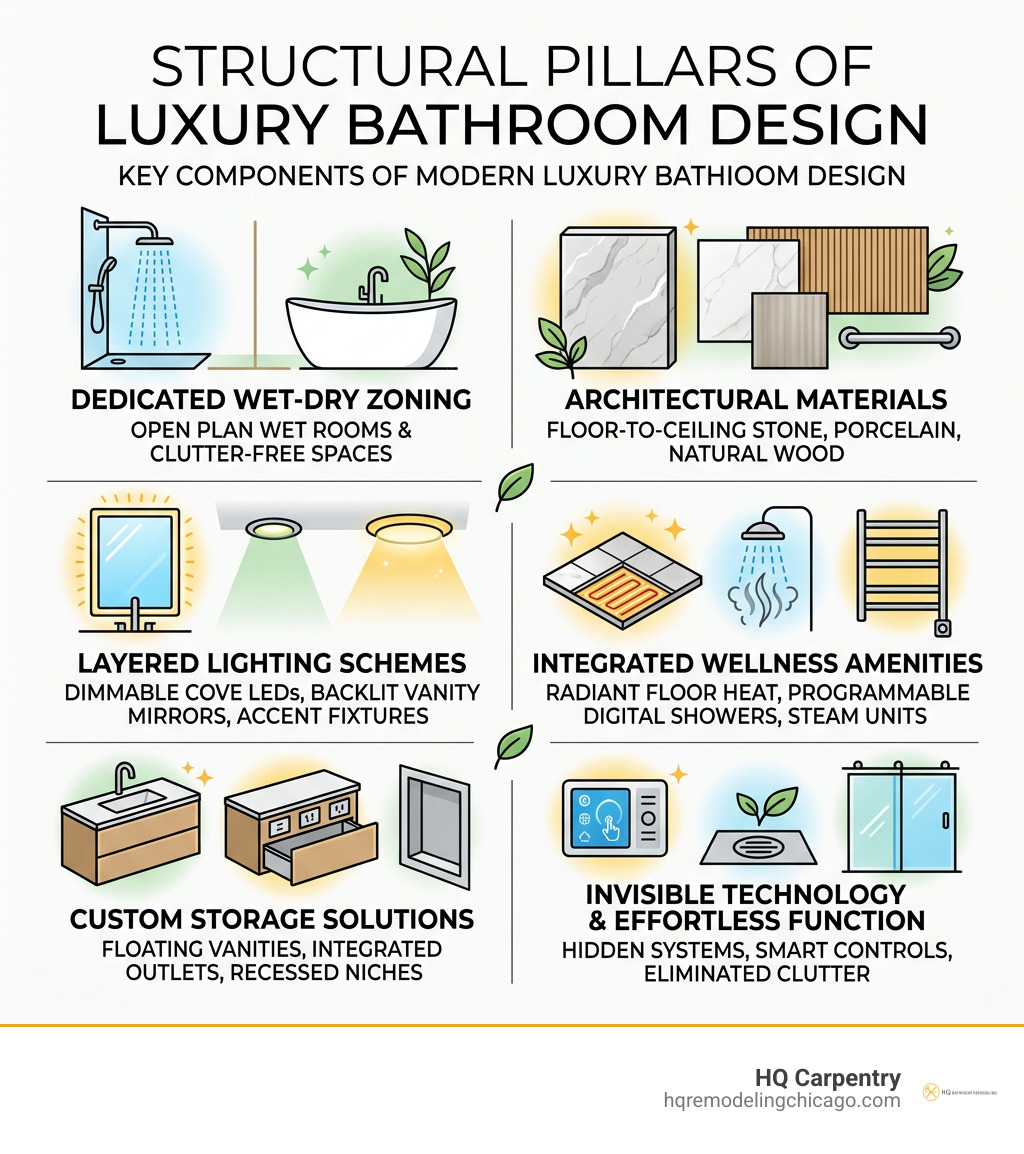 Key components and structural pillars of modern luxury bathroom design infographic