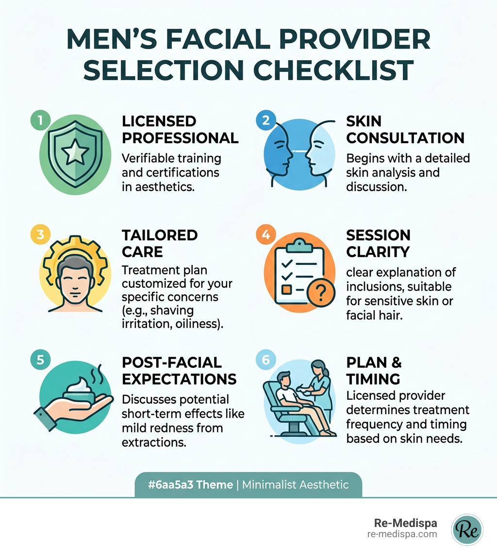 men's facial provider selection checklist infographic