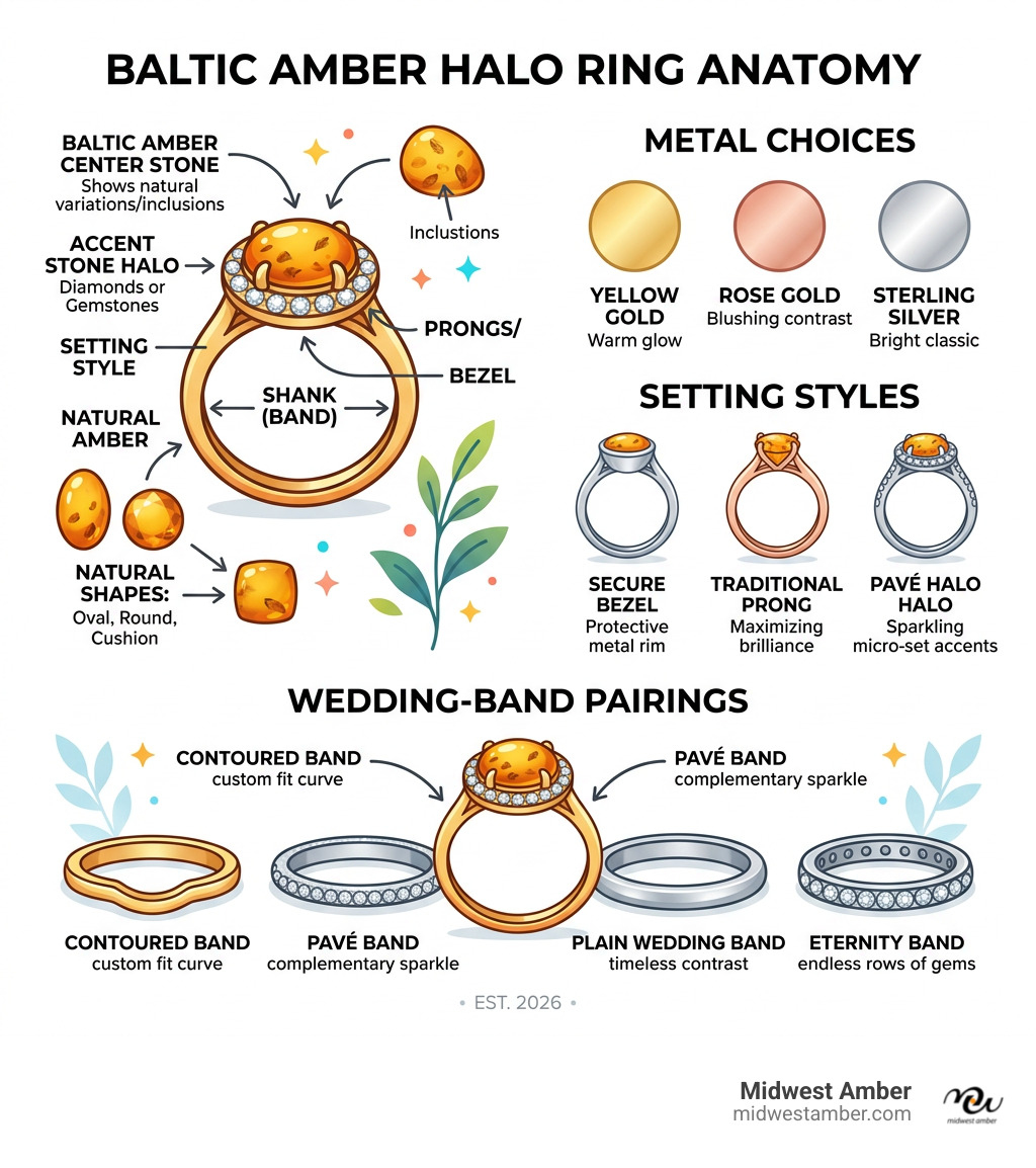 Baltic amber halo ring anatomy, metal choices, settings, and wedding-band pairings infographic