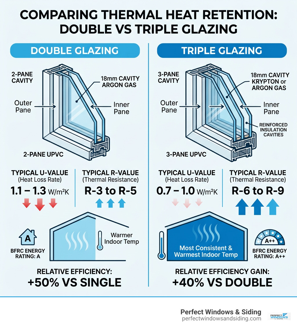 Comparison of thermal heat retention between double and triple glazing infographic