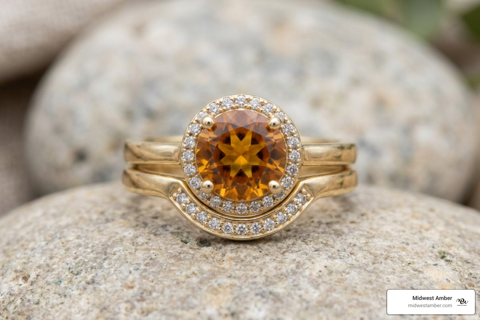 stacked amber halo ring with a matching contoured band