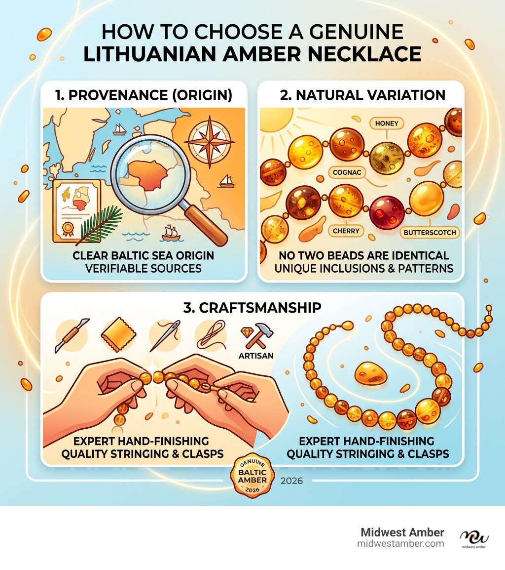 How to choose a genuine Lithuanian amber necklace: provenance, natural variation, craftsmanship infographic