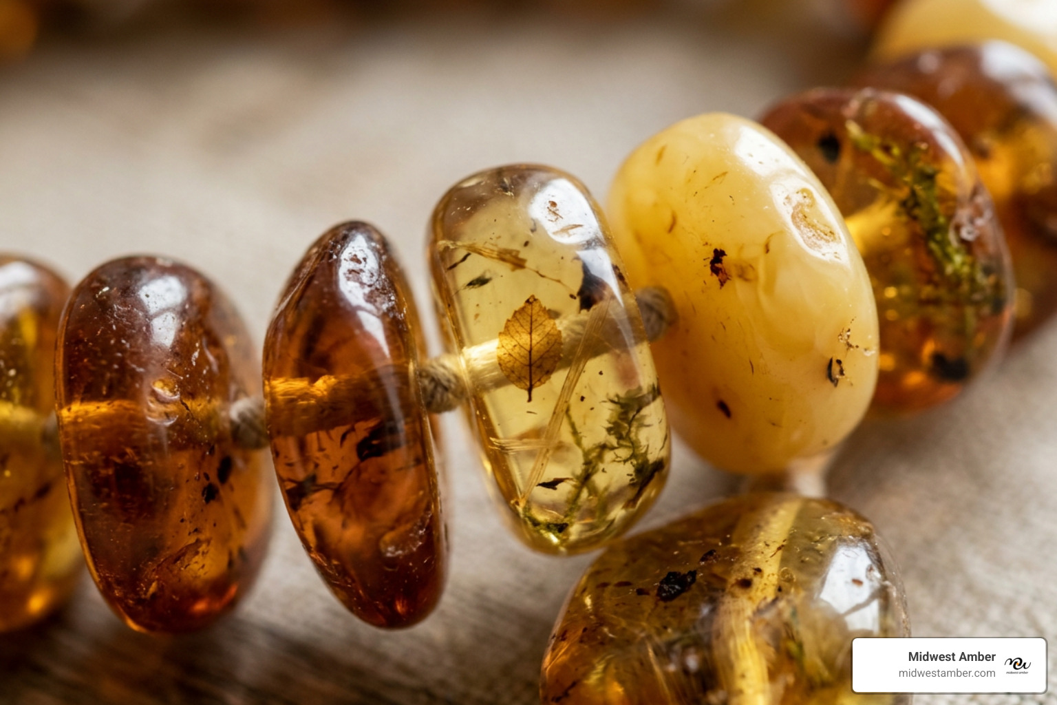 Polished cognac and butterscotch amber beads showing internal botanical inclusions