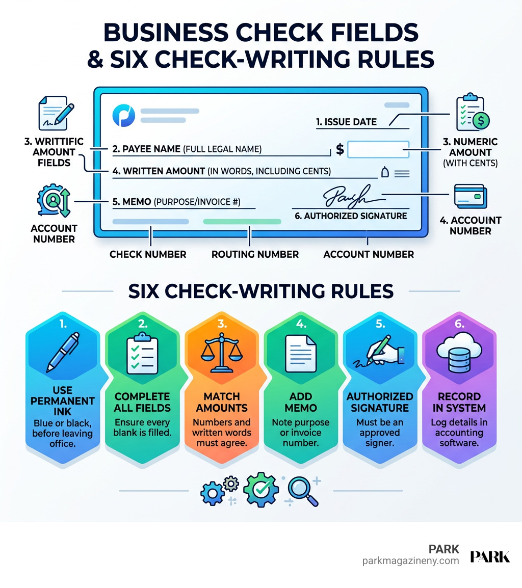 Business check fields and six check-writing rules infographic