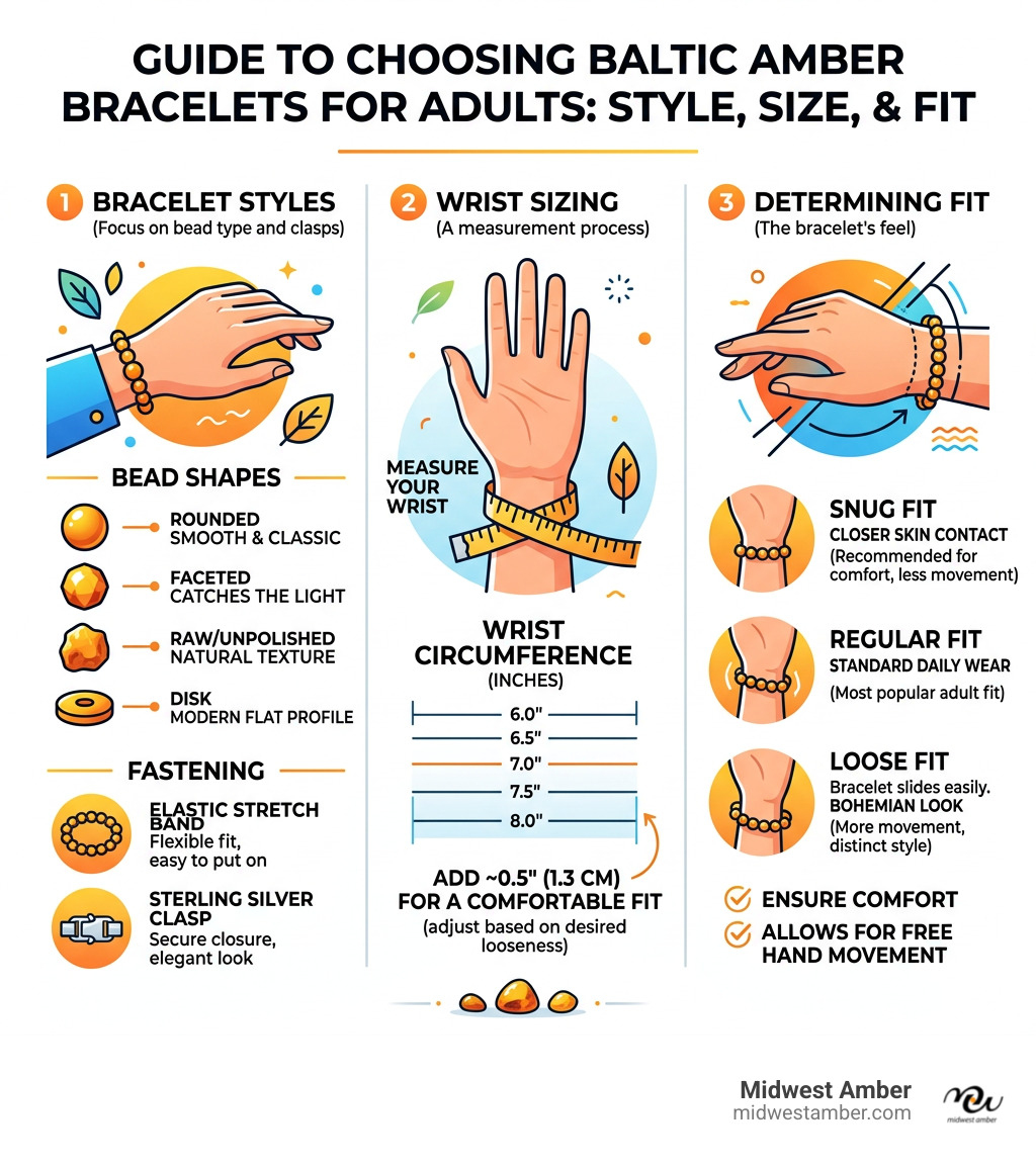 Guide to choosing the right Baltic amber bracelet style, size, and fit for adults infographic
