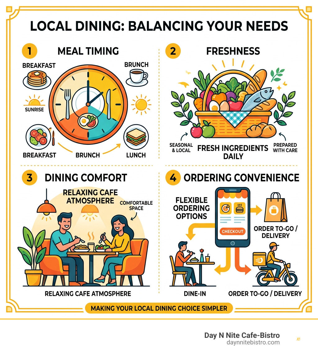 Infographic showing meal timing freshness dining comfort and ordering convenience infographic