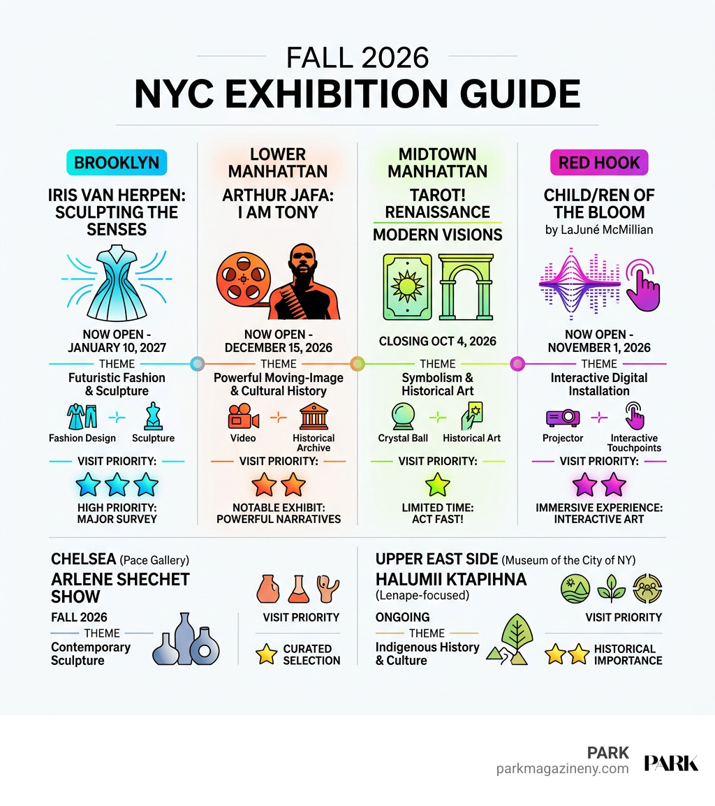 Fall 2026 NYC exhibition guide by neighborhood, dates, themes, and visit priority infographic Fall 2026 NYC exhibition guide by neighborhood, dates, themes, and visit priority infographic