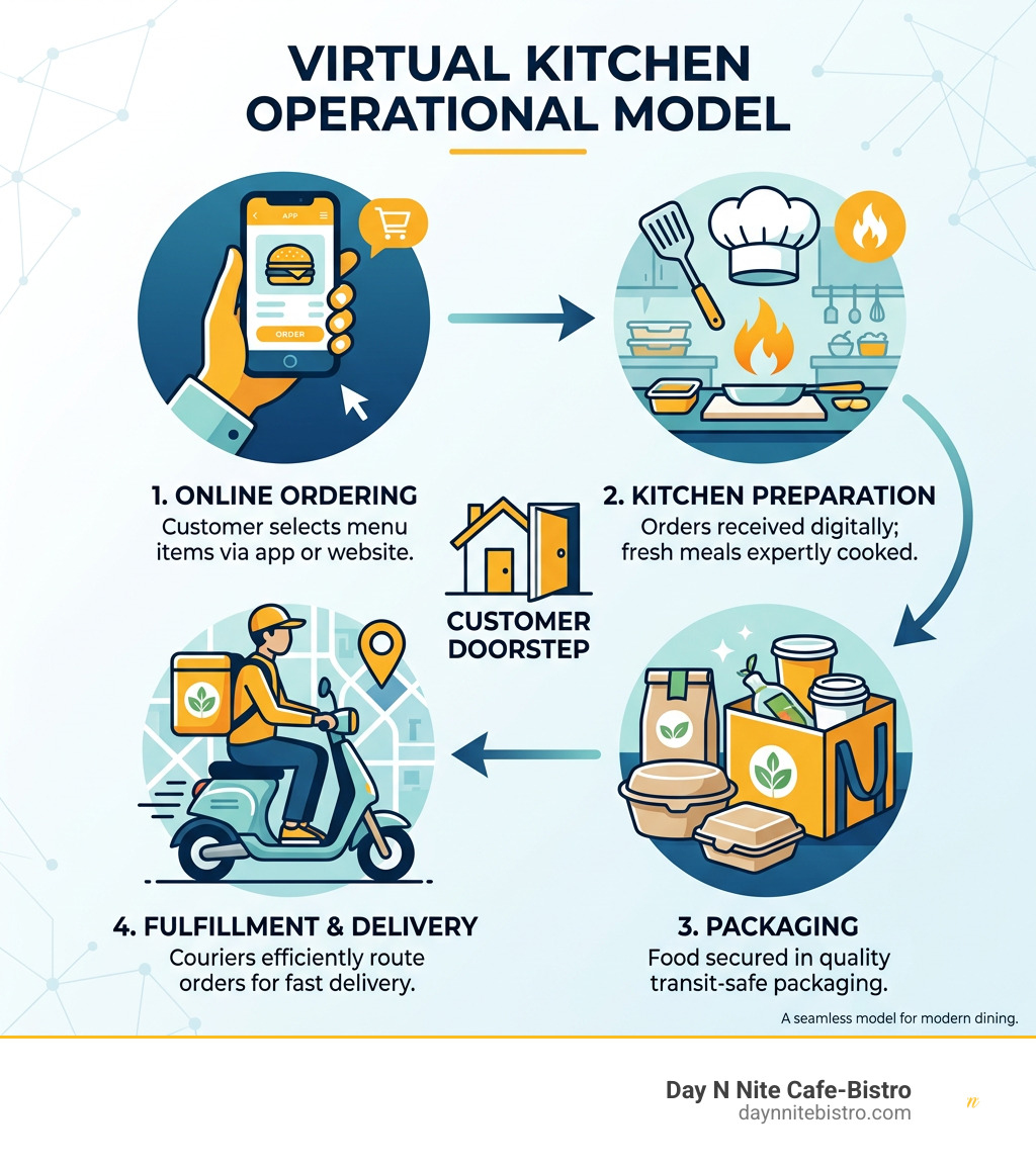 Virtual kitchen operational model from online order to customer doorstep infographic