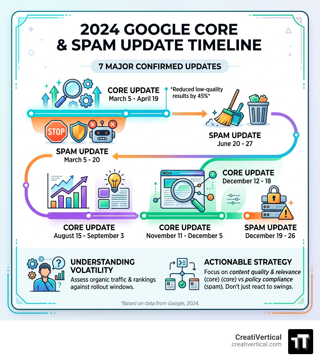 2024 Google core and spam update timeline infographic