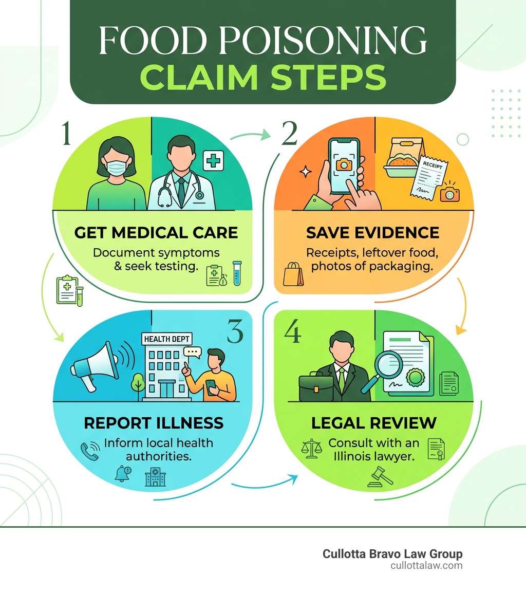 Food poisoning claim steps: medical care, save evidence, report illness, legal review infographic