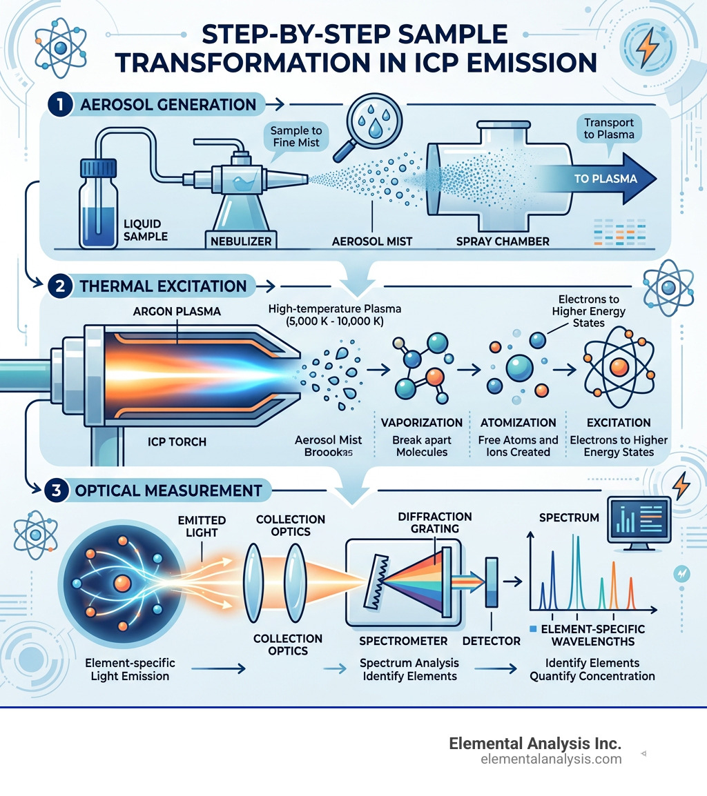 infographic showing the step-by-step sample transformation during inductively coupled plasma emission infographic infographic showing the step-by-step sample transformation during inductively coupled plasma emission infographic