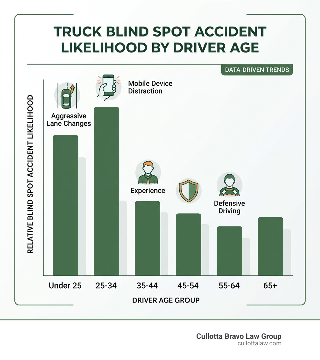 Bar chart comparing driver age groups and blind spot accident likelihood infographic