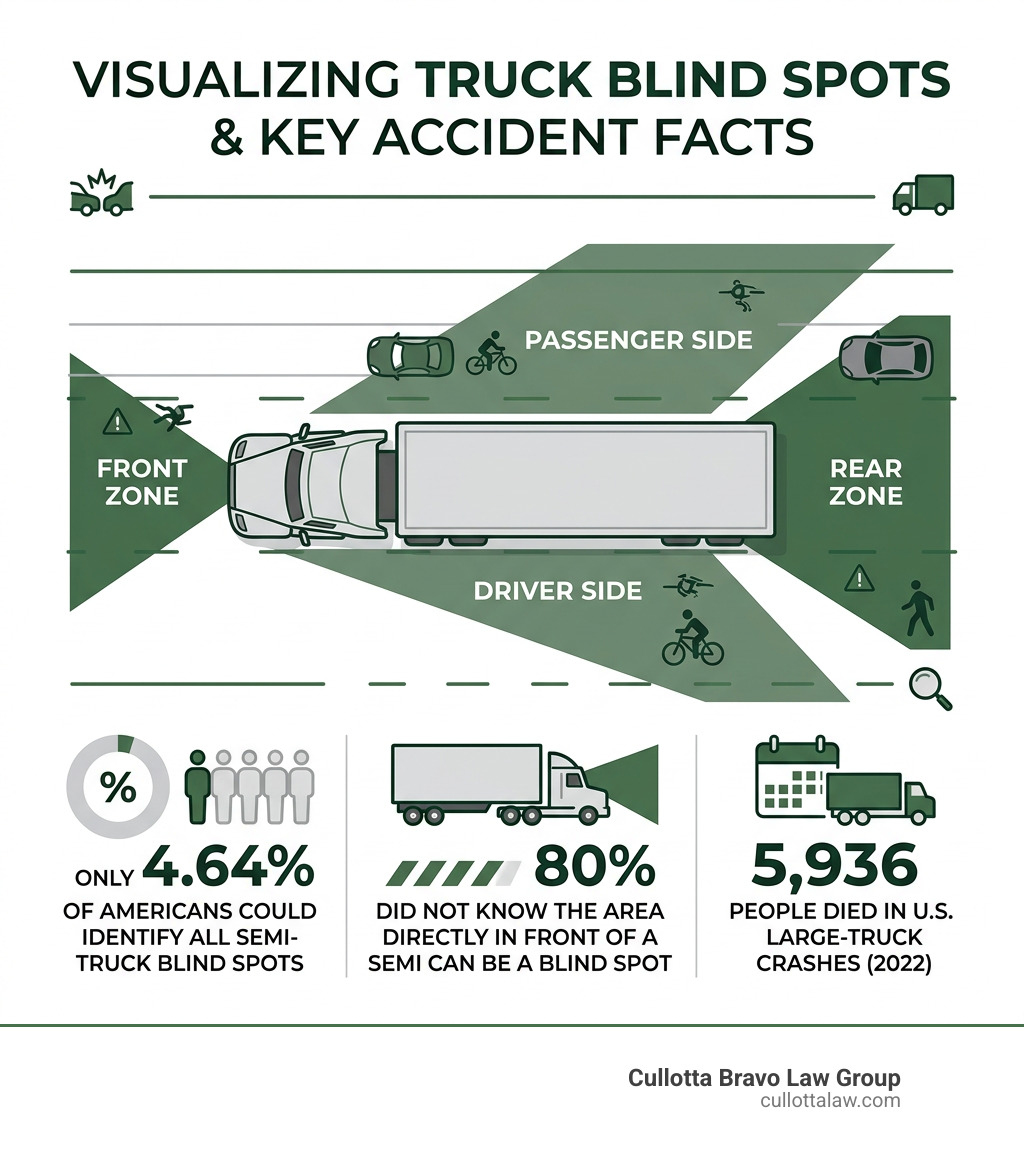 Infographic showing four truck blind zones and key accident statistics infographic