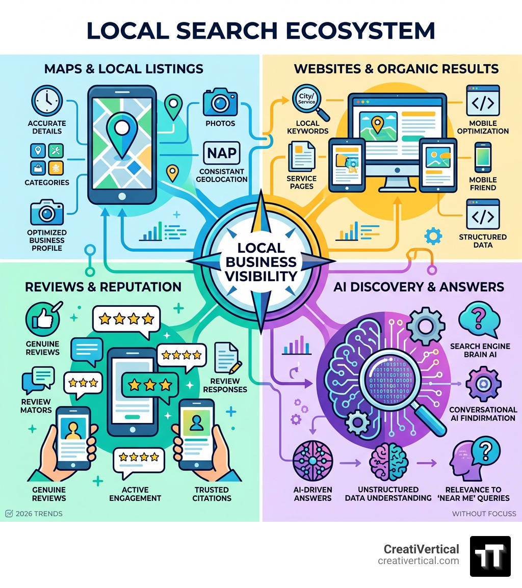 Local search ecosystem across maps organic results reviews websites and AI discovery infographic