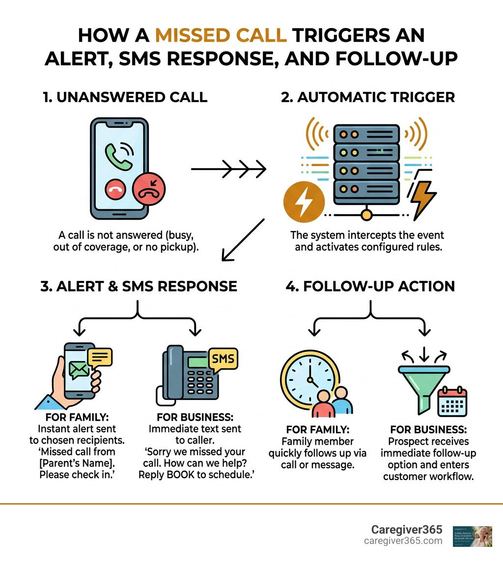 How a missed call triggers an alert, SMS response, and family or business follow-up infographic How a missed call triggers an alert, SMS response, and family or business follow-up infographic
