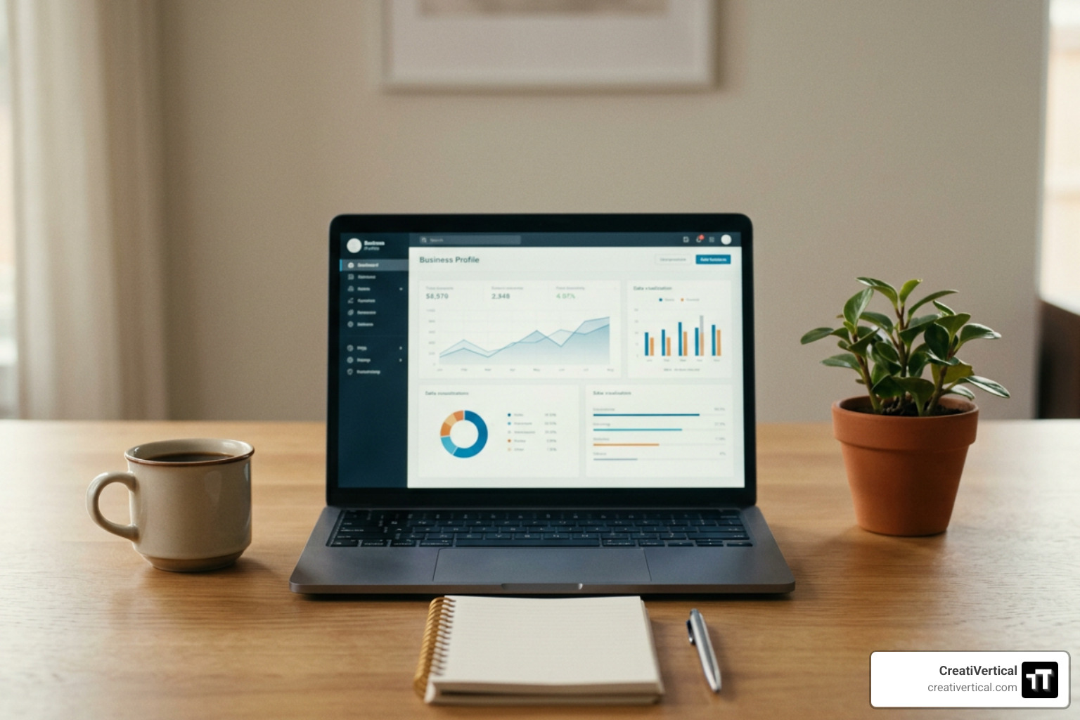 Optimized business profile dashboard on a workspace desk