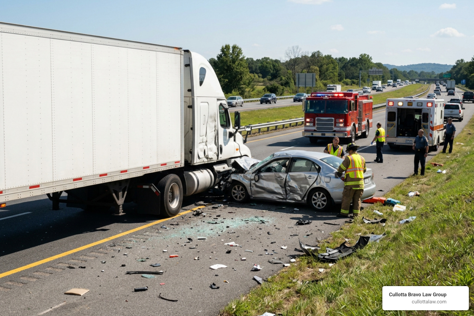 Commercial vehicle side-impact crash aftermath on a highway