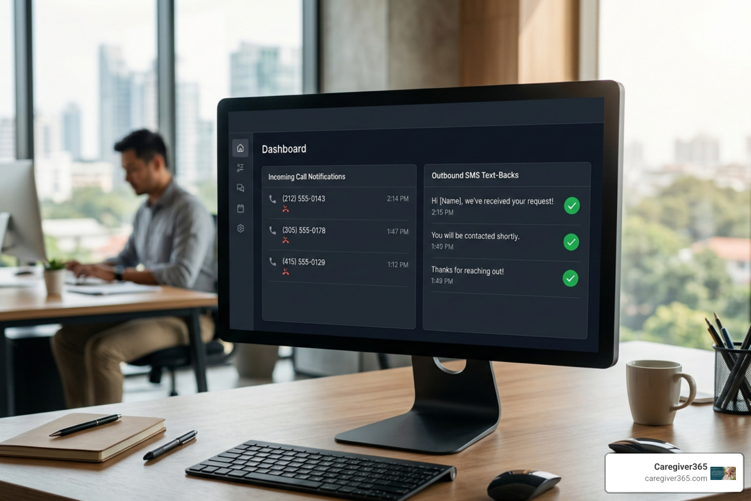 Modern dashboard tracking incoming missed calls and outbound SMS text-backs Modern dashboard tracking incoming missed calls and outbound SMS text-backs