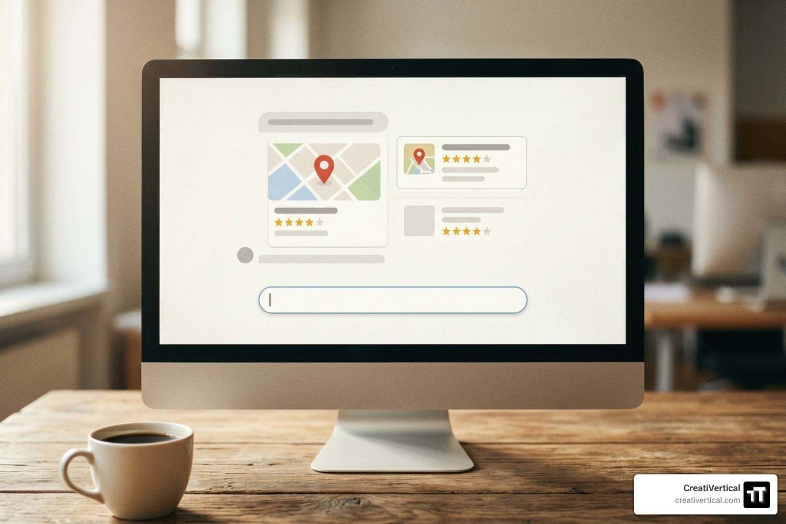 Conversational search tool analyzing local business data on a desktop monitor