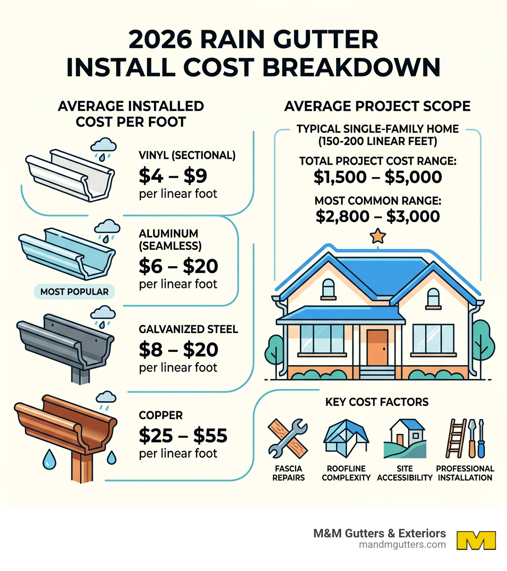 Average rain gutter install cost breakdown by material and project scope in 2026 infographic