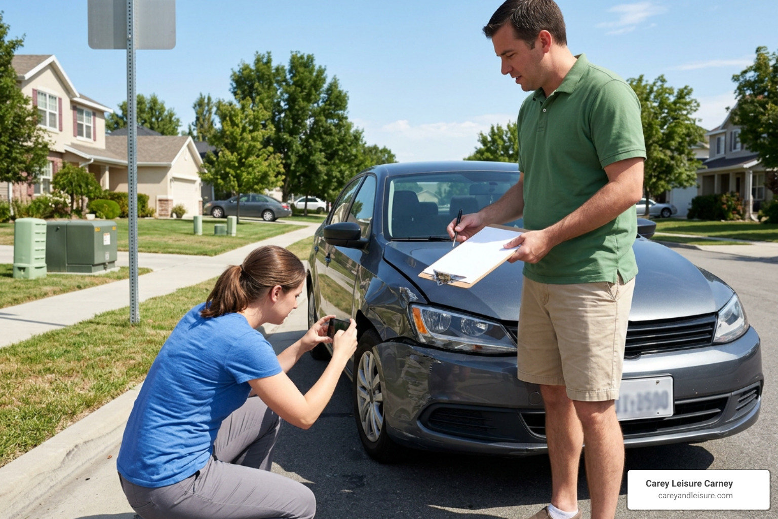 Driver documenting car damage and exchanging information after a crash Driver documenting car damage and exchanging information after a crash