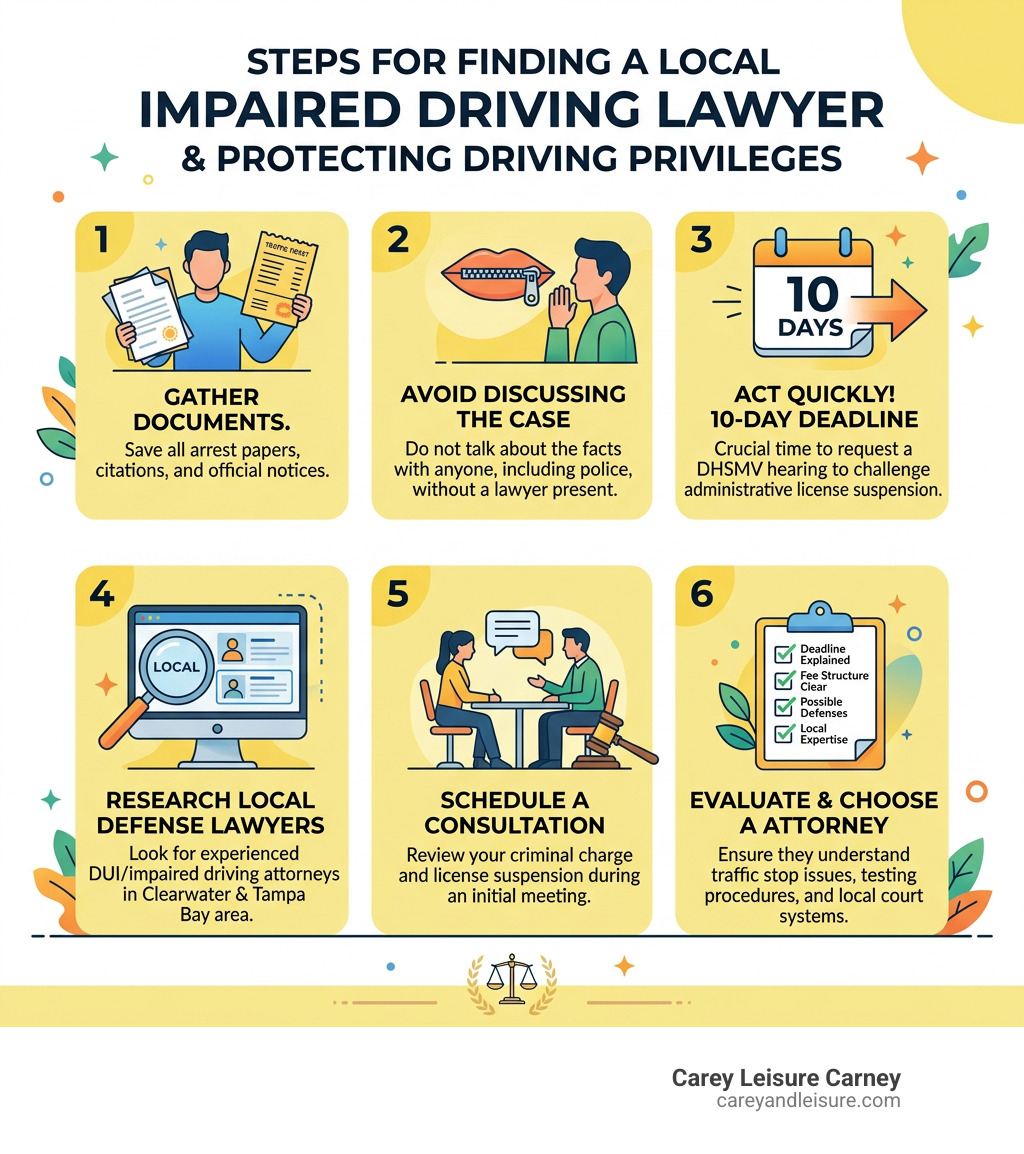 Steps for finding a local impaired driving lawyer and protecting driving privileges infographic
