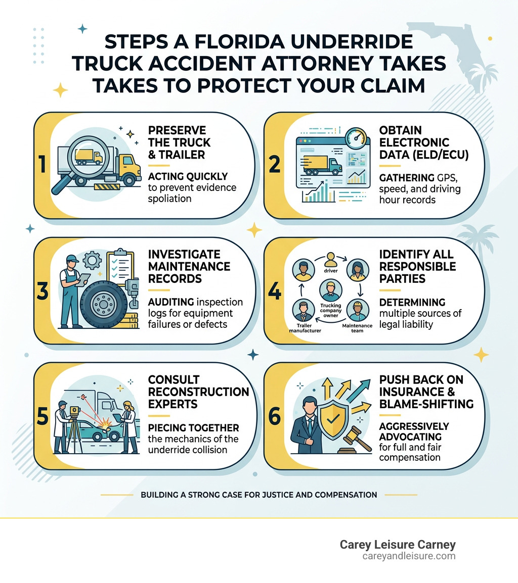 Infographic showing steps an underride accident attorney takes to protect a Florida claim infographic