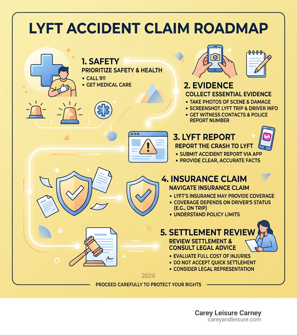 Lyft accident claim roadmap: safety, evidence, Lyft report, insurance claim, settlement review infographic Lyft accident claim roadmap: safety, evidence, Lyft report, insurance claim, settlement review infographic