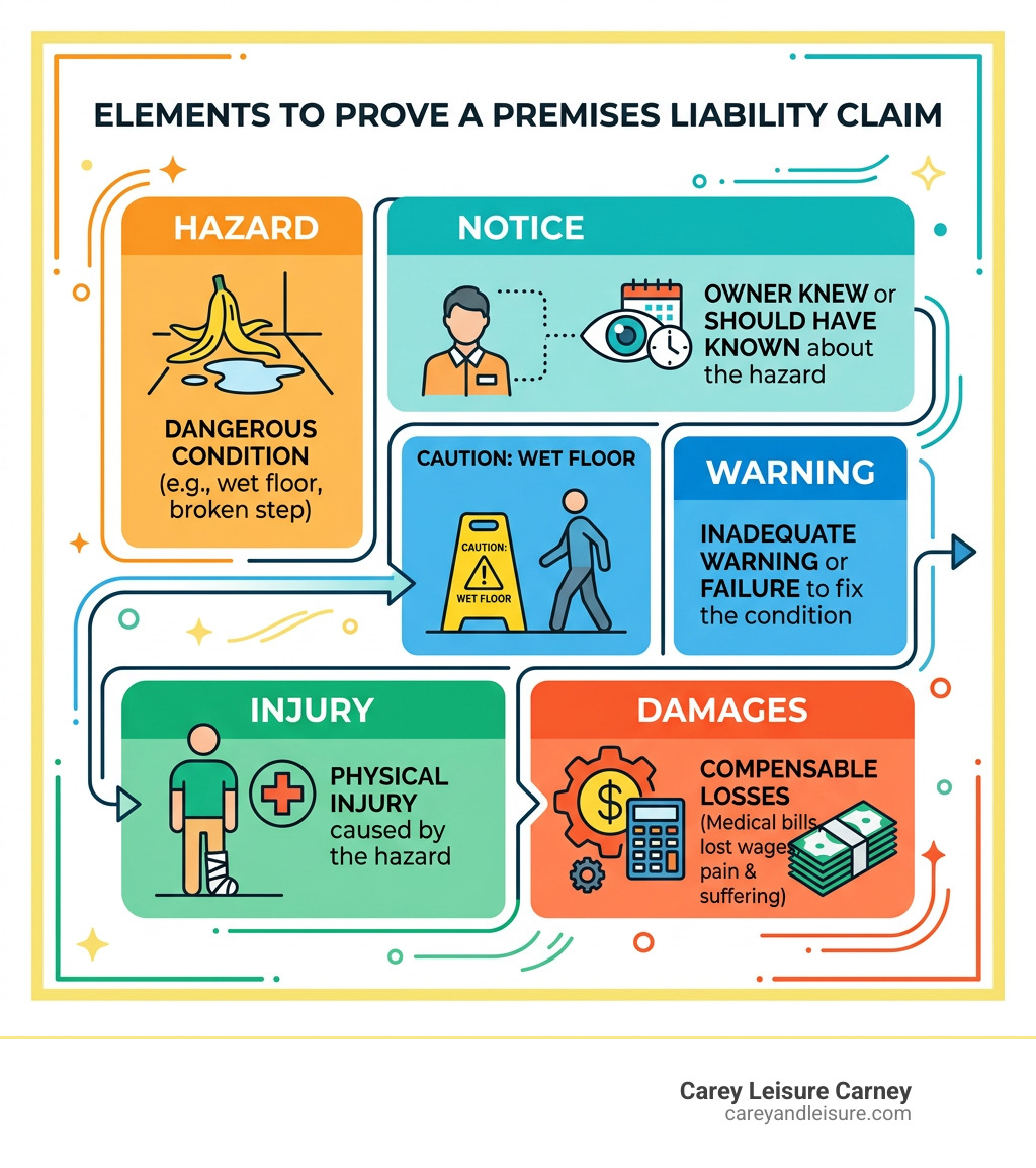Premises liability claim proof: hazard, notice, warning, injury, and damages infographic