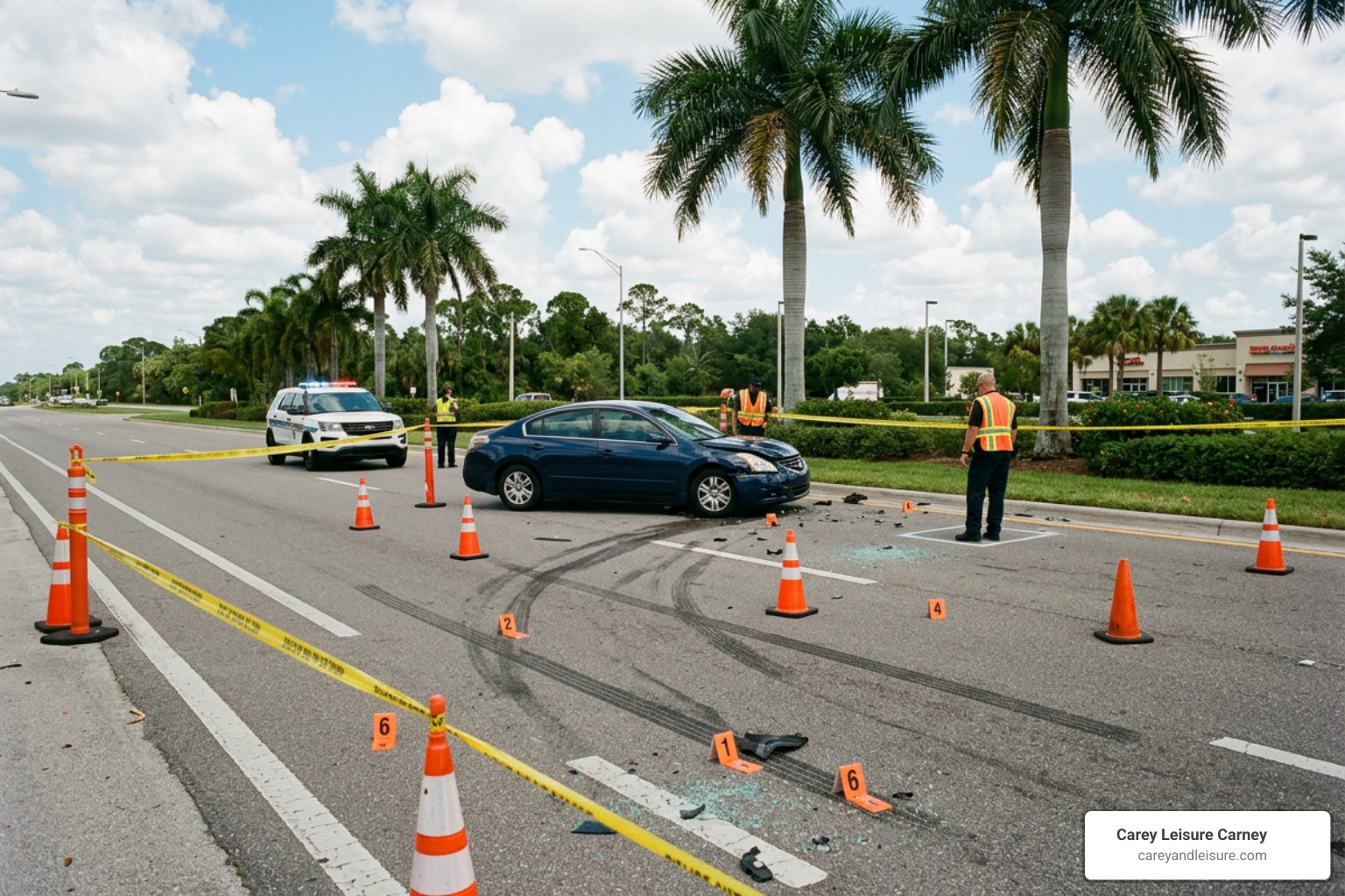 Accident scene investigation markers on Florida road