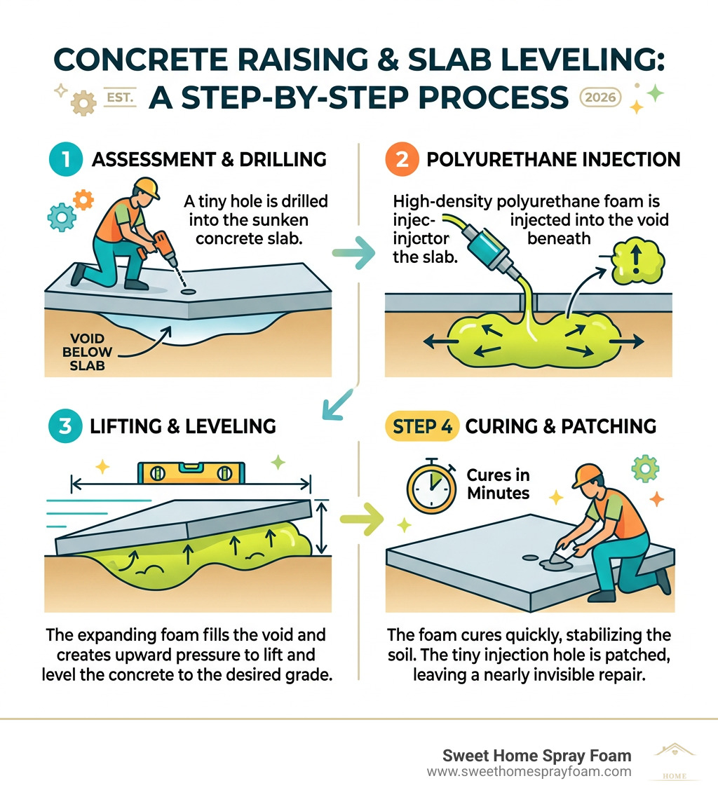step-by-step concrete raising and slab leveling process infographic