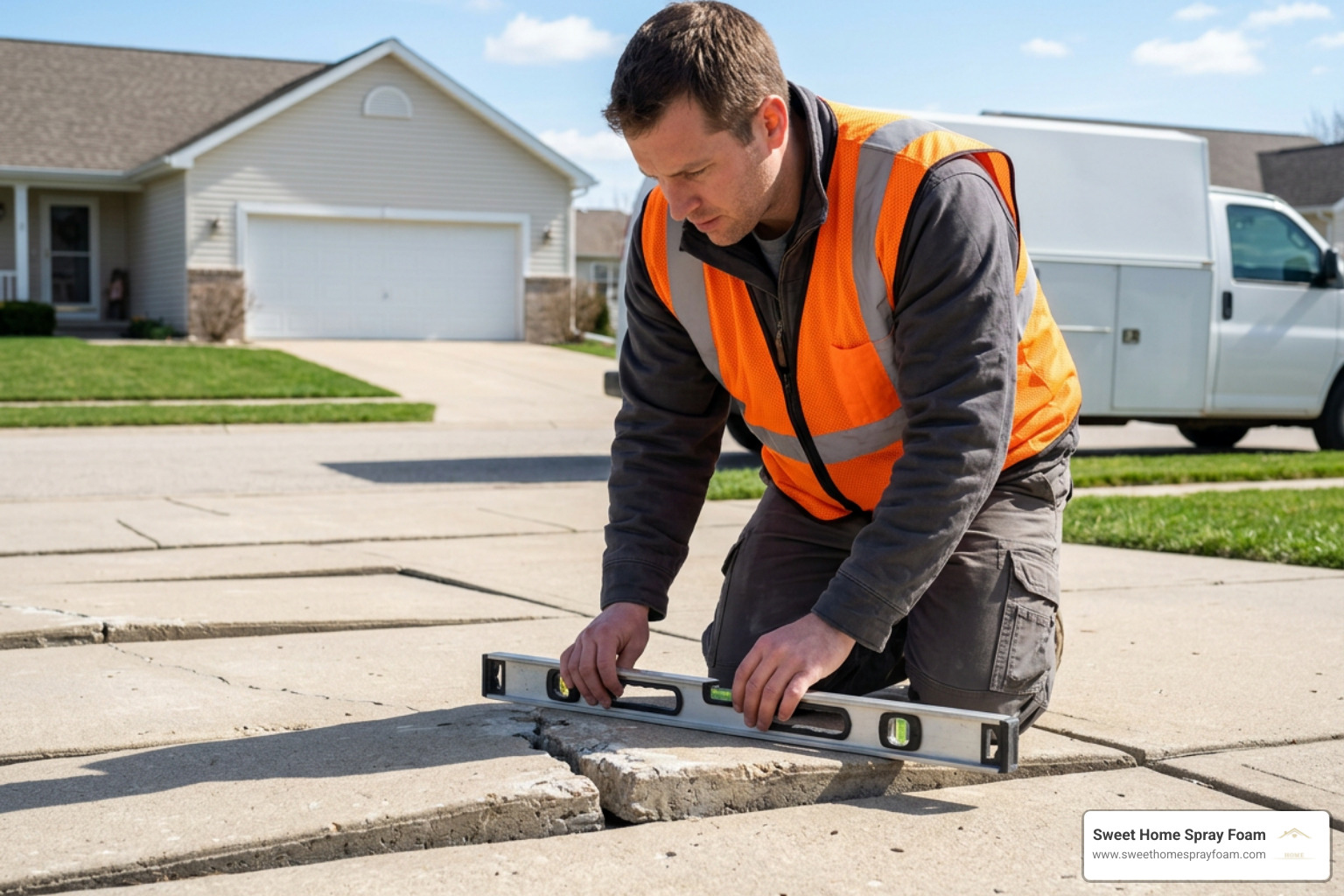 technician using a precision level on a lifted concrete slab
