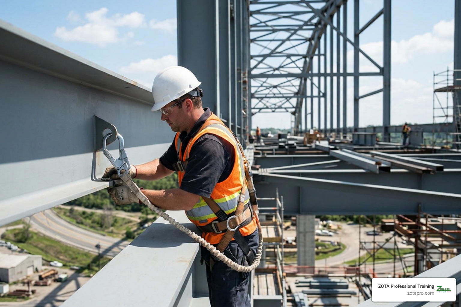 Bridge worker in full body harness tied off to a certified anchor point on structural steel Bridge worker in full body harness tied off to a certified anchor point on structural steel