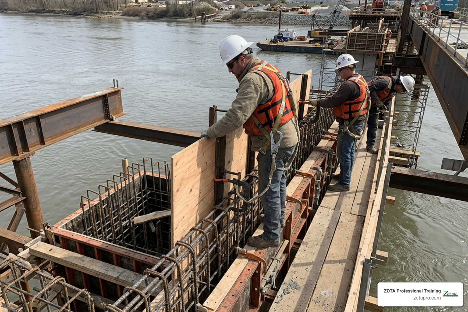Bridge deck formwork installation over water with workers wearing buoyant vests Bridge deck formwork installation over water with workers wearing buoyant vests