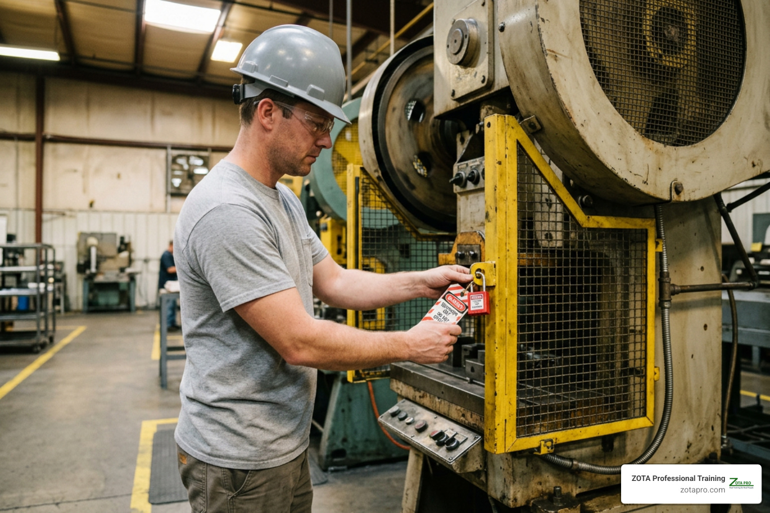 Safety technician conducting a machine guard and lockout tagout compliance inspection Safety technician conducting a machine guard and lockout tagout compliance inspection