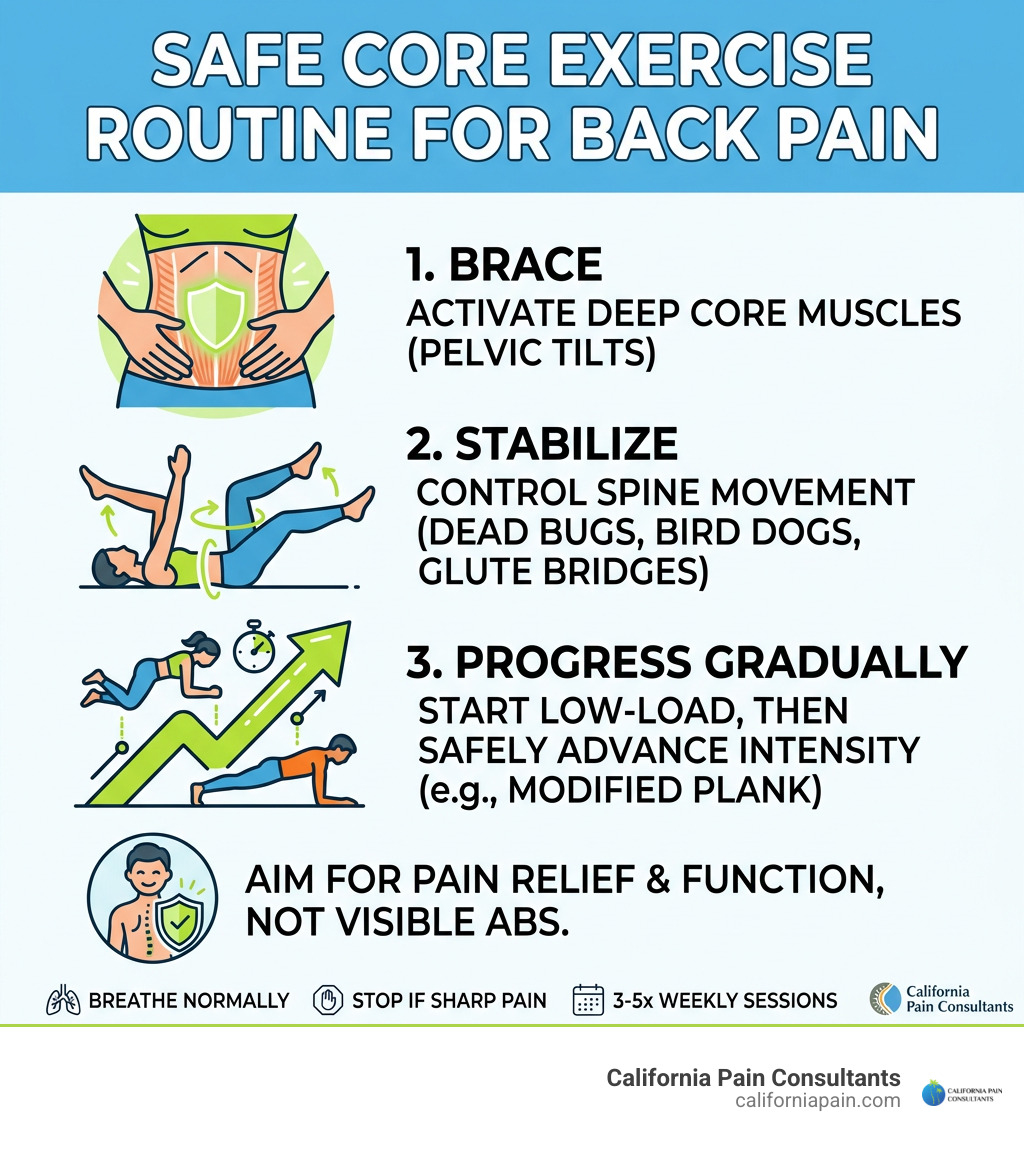 Safe core exercise routine for back pain: brace, stabilize, progress gradually infographic
